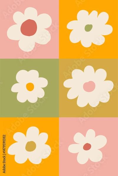 Fototapeta A grid of six abstract modern art minimalist pastel colors cutout floral designs. Vector seamless pattern with bold botanical shapes. Home decor poster illustration