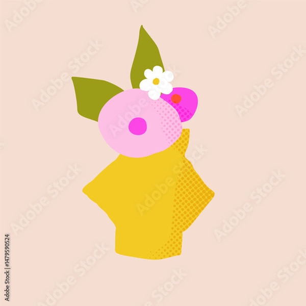 Fototapeta Vector paper cutout flat vase with abstract flowers bouquet in pastel tones, featuring halftone texture and collage style. Minimalist hand drawn illustration for posters, invitations, and web design