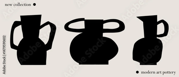 Fototapeta A collection of black silhouette cutouts of modern vases and vessels on a light beige background hand drawn in abstract and minimalist style. Vector home decor, ad, social media illustration poster