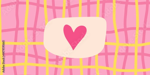 Fototapeta Vector hand-drawn minimalist cover template with pastel pink and yellow tones, wavy lines checker pattern and a pink heart. Trendy, playful designs for social media, stationery, branding. Valentine's