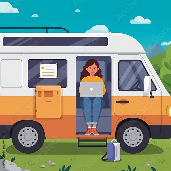 Fototapeta Woman Working Remotely in Camper Van