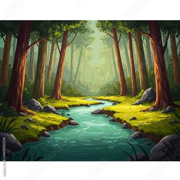 Fototapeta Enchanted Forest Stream: Digital Painting Illustration