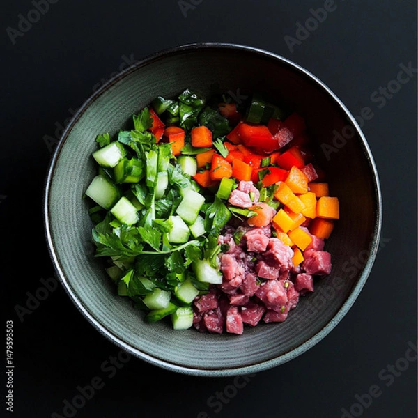 Fototapeta raw minced meat and vegetables in a bowl