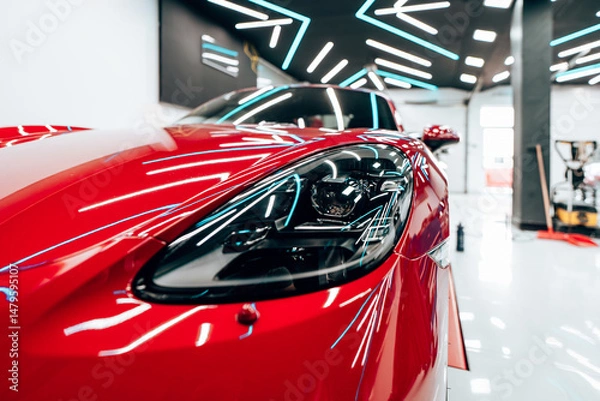 Obraz Neon lights reflecting off the polished hood and gleaming headlight of a vibrant red sports car, receiving meticulous detailing in a modern, brightly lit workshop environment. 