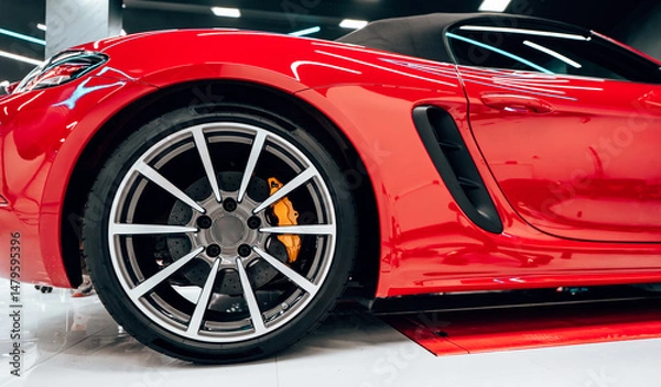 Obraz Interior of modern car workshop for vehicle polishing and detailing service. Brightly lit workspace with large led lights. High quality car valeting concept.