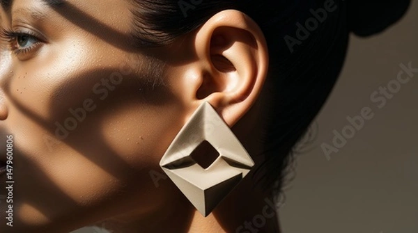 Fototapeta Unique geometric earrings highlight elegant features of a model in soft lighting