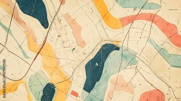 Fototapeta Digital illustration of a textured map with abstract geometric shapes and lines in muted colors.