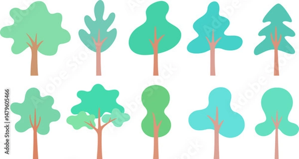 Obraz Green tree vector icon set. Wood with leaf natural collection in flat style. Simple tree design elements.