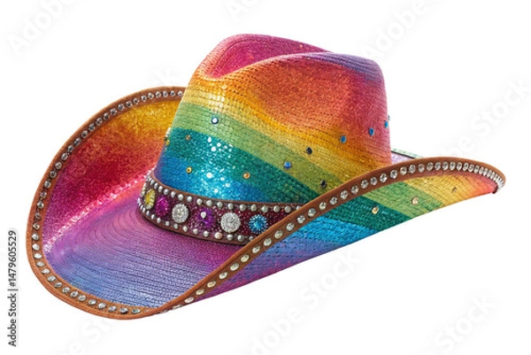 Obraz rainbow cowboy hat sparkling with glitter and jewels, isolated on transparent background - generated by ai
