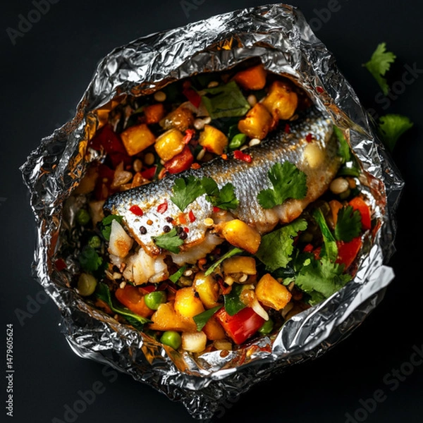 Fototapeta the foil is opened and the fish and vegetables are fried 