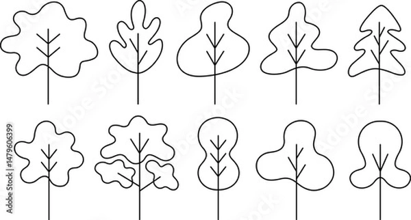 Obraz Green tree vector line art set. Wood with leaf natural collection outline style. Simple tree design elements.