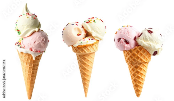 Fototapeta Three Ice Cream Cones with Vanilla and Strawberry, Isolated on Transparent Background