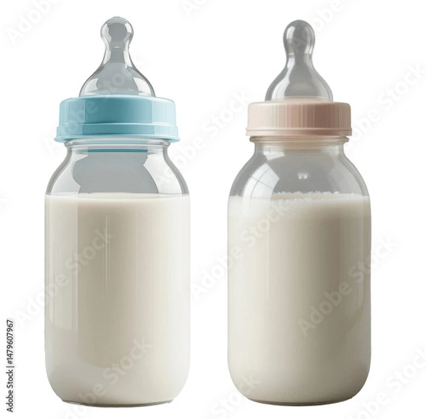 Fototapeta Two Baby Bottles with Milk: Blue and Pink Caps, Isolated on Transparent Background