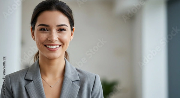 Fototapeta Confident businesswoman smiling bright gray suit soft lighting neutral background