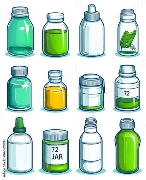 Obraz Modern blank templates of empty and clean multicolor plastic and glass containers are showcased, including bottles with spray, dispenser, and dropper, as well as a cream jar and tube, in a realistic