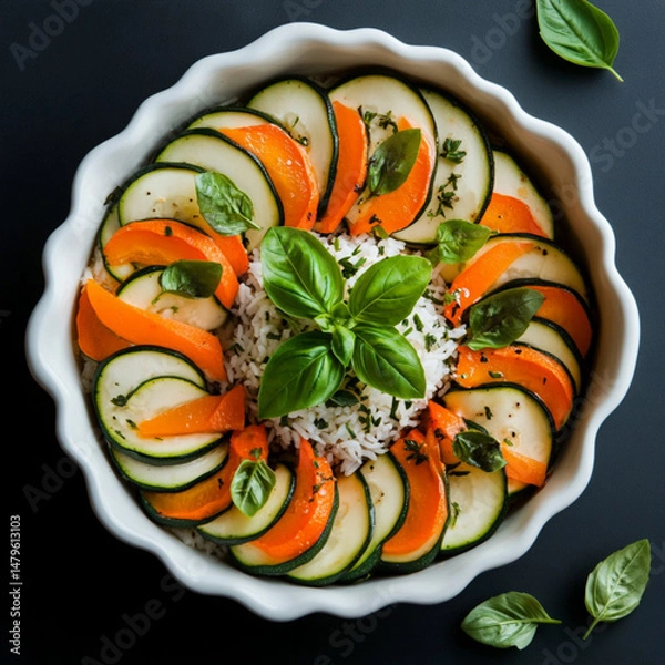 Fototapeta zucchini in the form of a circle without a center with a filling of farm with rice lie in a baking dish 