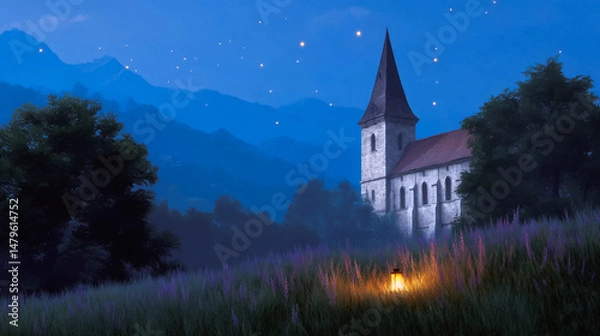 Obraz 星空の下教会のそばに立つランタン