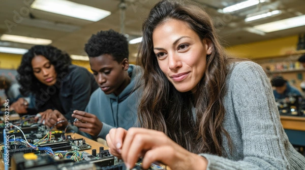 Fototapeta Diverse group of young engineers collaborating on circuit boards in classroom