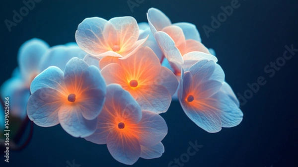 Fototapeta a glowing hydrangea flower cluster, softly lit in golden orange and cool blue tones, with translucent silky petals, shimmering dust trails and delicate glowing orbs floating in the dark background