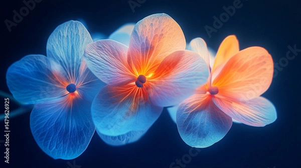Fototapeta a glowing hydrangea flower cluster, softly lit in golden orange and cool blue tones, with translucent silky petals, shimmering dust trails and delicate glowing orbs floating in the dark background