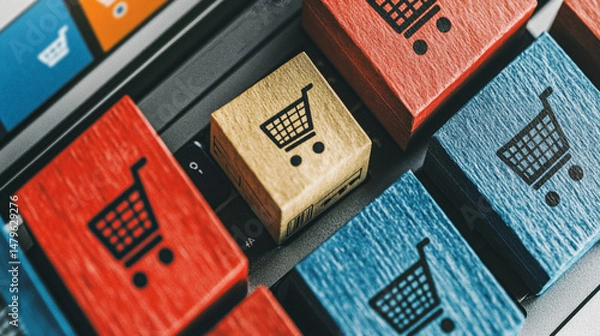Fototapeta a small cardboard boxes with shopping cart icons stacked on a laptop keyboard. The scene represents e-commerce, online shopping