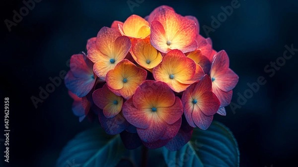 Fototapeta a dreamy close-up of a hydrangea flower cluster, softly glowing petals in blended yellow, crimson, and deep burgundy, delicate round blossoms forming a full spherical shape