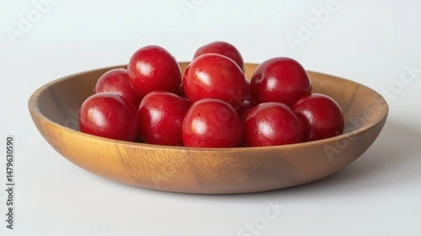 Fototapeta A handful of bright red cornelian cherries resting on a wooden plate