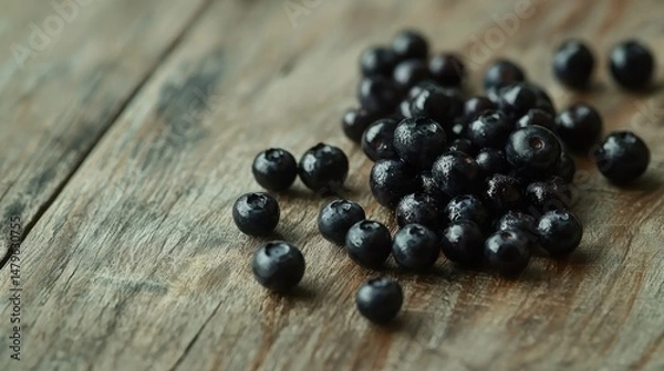 Fototapeta A handful of fresh blueberries scattered on a wooden table