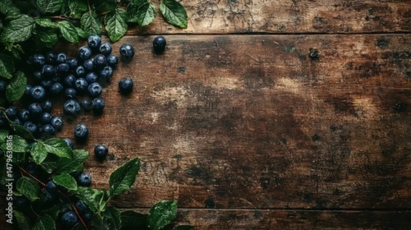 Fototapeta A handful of fresh blueberries scattered on a wooden table