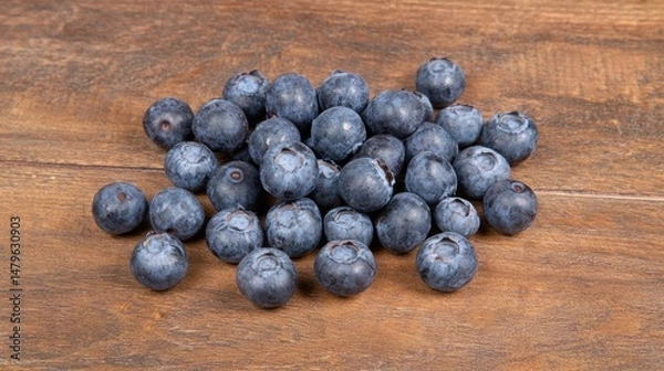 Fototapeta A handful of fresh blueberries scattered on a wooden table