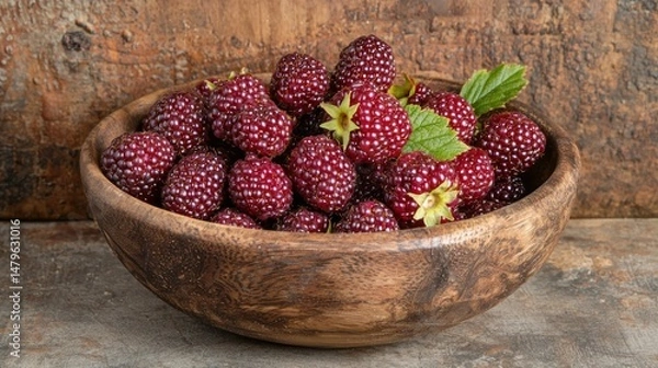 Fototapeta A handful of fresh tayberries with deep red color, placed in a rustic wooden bowl