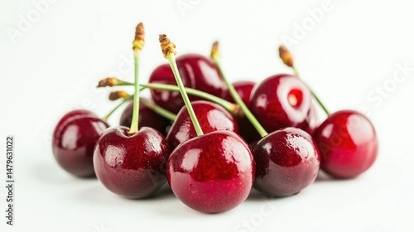 Fototapeta A handful of fresh red cherries with stems on a white background