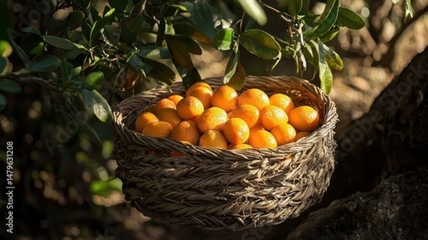 Fototapeta A handful of kumquats in a woven basket, their bright orange skins glistening in the sunlight