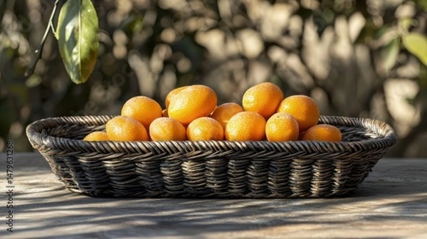Fototapeta A handful of kumquats in a woven basket, their bright orange skins glistening in the sunlight