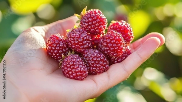 Fototapeta A handful of ripe wineberries with their deep red color glistening in the sun