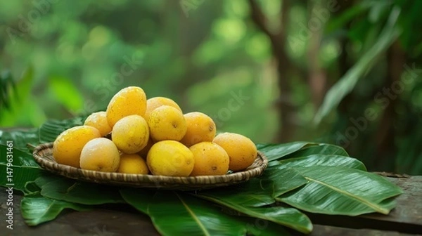 Fototapeta A handful of wampee fruits placed on a leaf-lined plate