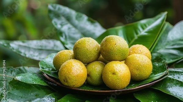 Fototapeta A handful of wampee fruits placed on a leaf-lined plate