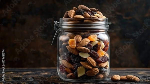 Fototapeta A healthy snack mix featuring pili nuts, almonds, and dried fruits in a glass jar