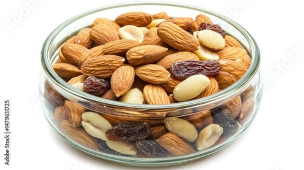 Fototapeta A healthy snack mix featuring pili nuts, almonds, and dried fruits in a glass jar