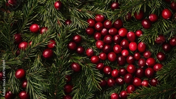 Fototapeta A holiday-themed scene with cranberries and evergreen branches