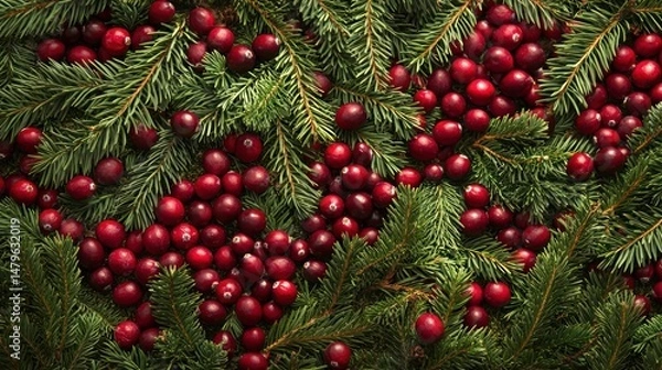 Fototapeta A holiday-themed scene with cranberries and evergreen branches