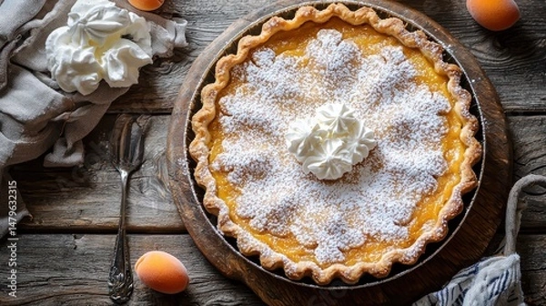 Fototapeta A homemade aprium tart dusted with powdered sugar and served with whipped cream