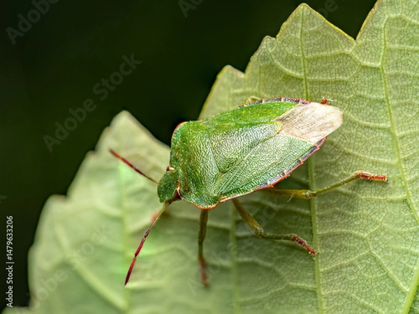 Fototapeta Close-Up of Green Shield Bug Resting on a Leaf Surface