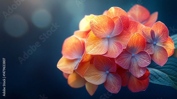 Fototapeta a dreamy close-up of a hydrangea flower cluster, softly glowing petals in blended yellow, crimson, and deep burgundy, delicate round blossoms forming a full spherical shape