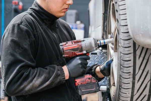 Fototapeta Auto mechanic using power tool to tighten car wheel bolts in garage workshop