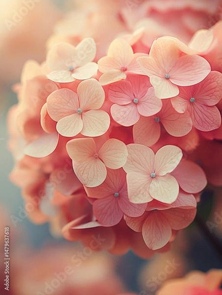 Fototapeta a dreamy close-up of a hydrangea flower cluster, soft pastel yellow, crimson red, and burgundy petals blending in a natural gradient, emotional and surreal atmosphere