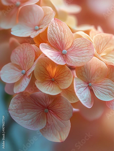 Fototapeta a dreamy close-up of a hydrangea flower cluster, soft pastel yellow, crimson red, and burgundy petals blending in a natural gradient, emotional and surreal atmosphere