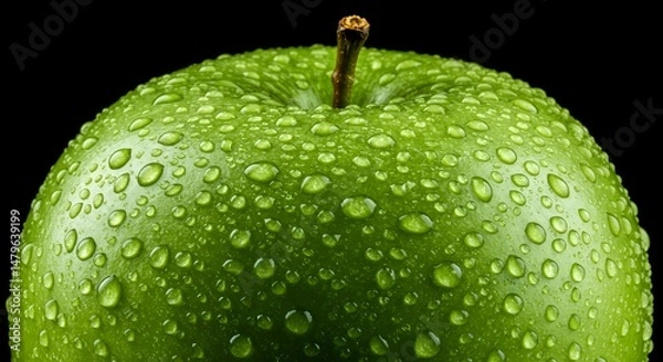 Obraz Green Apple with Water Droplets on Black Background