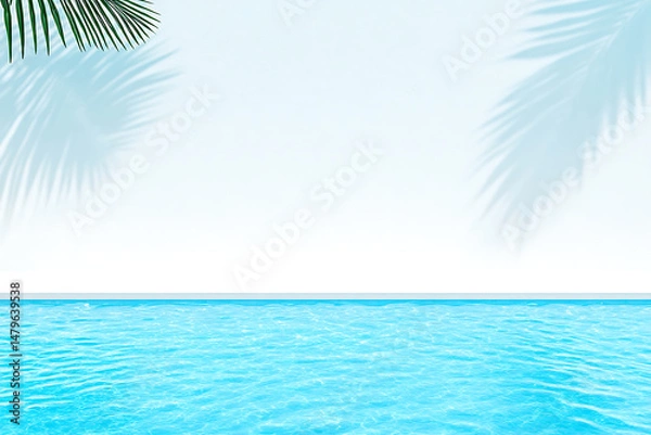 Fototapeta Tropical oasis background featuring calm, turquoise water with palm tree shadows creating a serene, summery vibe for vacation visuals.