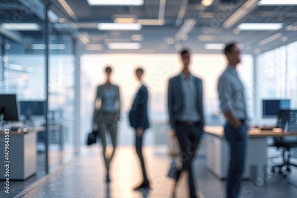 Fototapeta Modern Office Setting with Blurred Figures in Casual Attire and Soft Bokeh Background